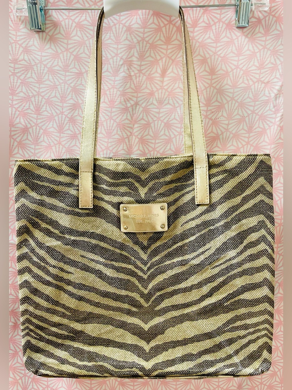 Michael Kors Metallic Gold Zebra Print Canvas Tote Bag Shopper Purse